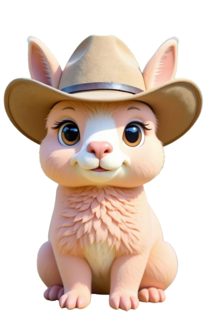 Sheriff Woolie, a peach chibi alpaca in a cowboy hat
